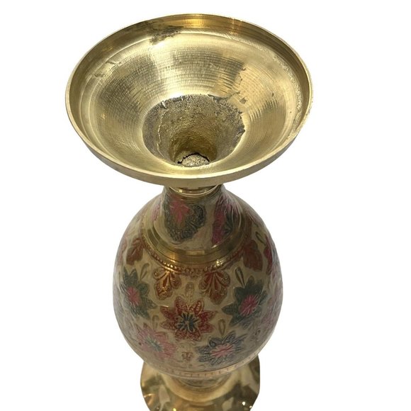 Vintage 1960s Solid Brass Enameled Ruffled Edge Vase Flowers India Hand Painted - Picture 8 of 8